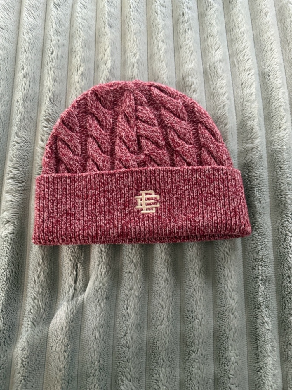 Eric Emanuel Maroon Cable Knit Beanie with Cream EE Logo